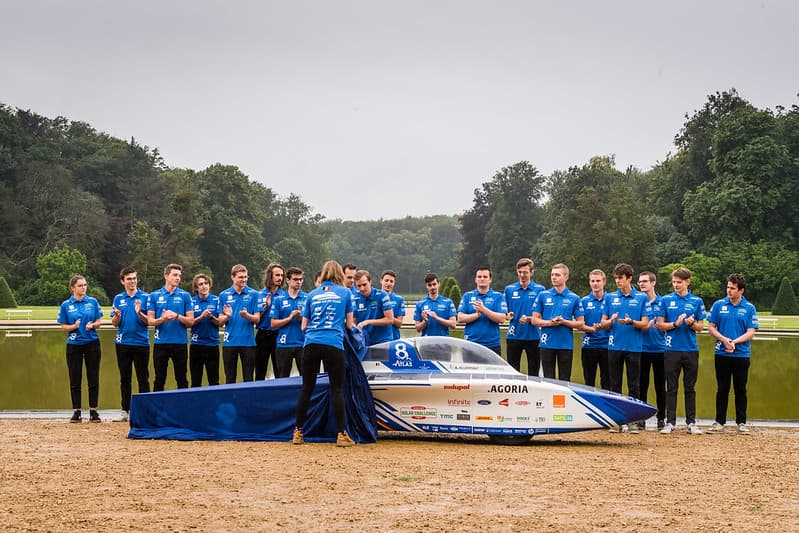 Persaankondiging van de BluePoint Atlas, de KU Leuven Agoria prototype wagen die deelneemt aan de 2021 Solar Challenge in Marokko. (foto ©KU Leuven)