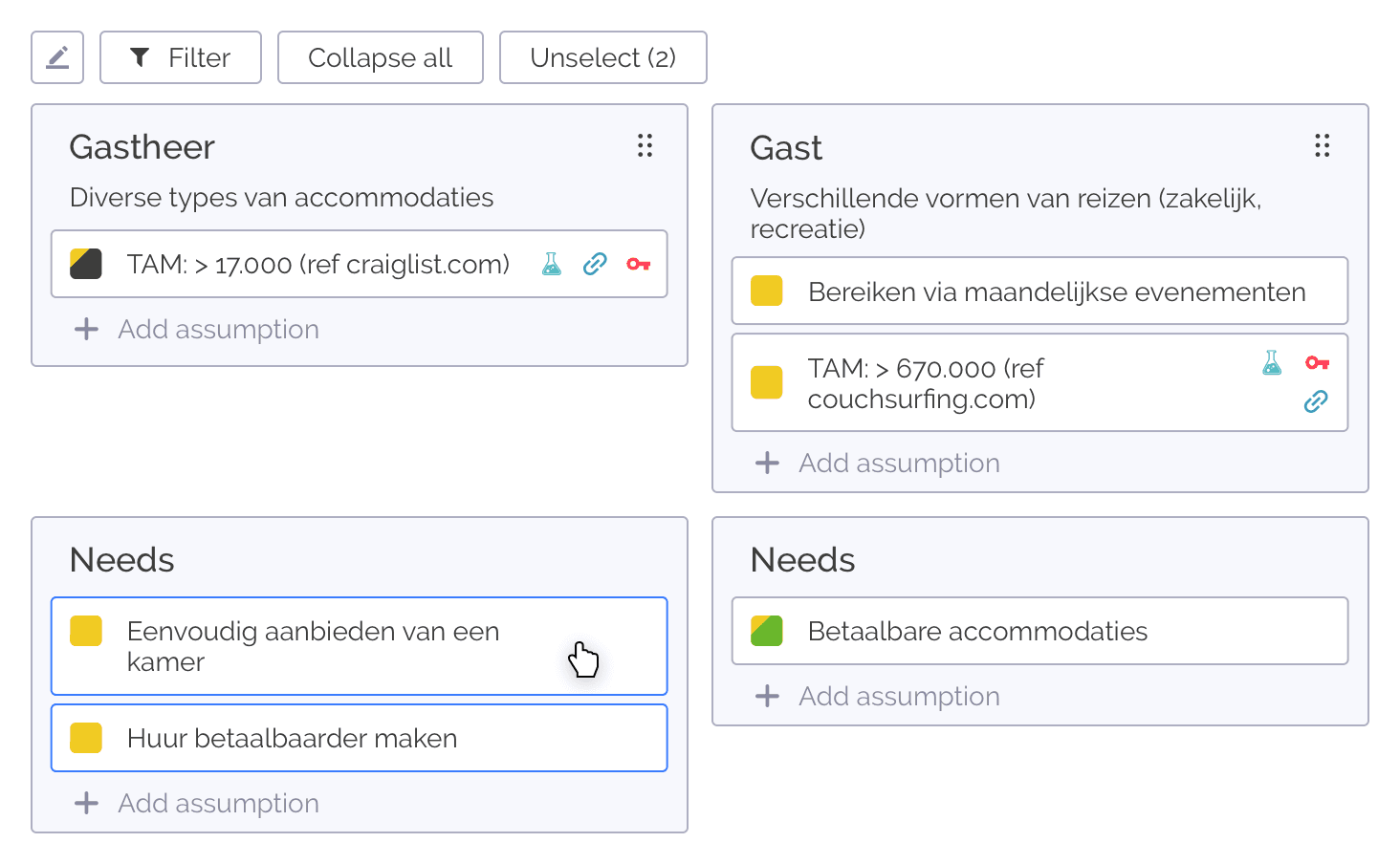 Aannames selecteren