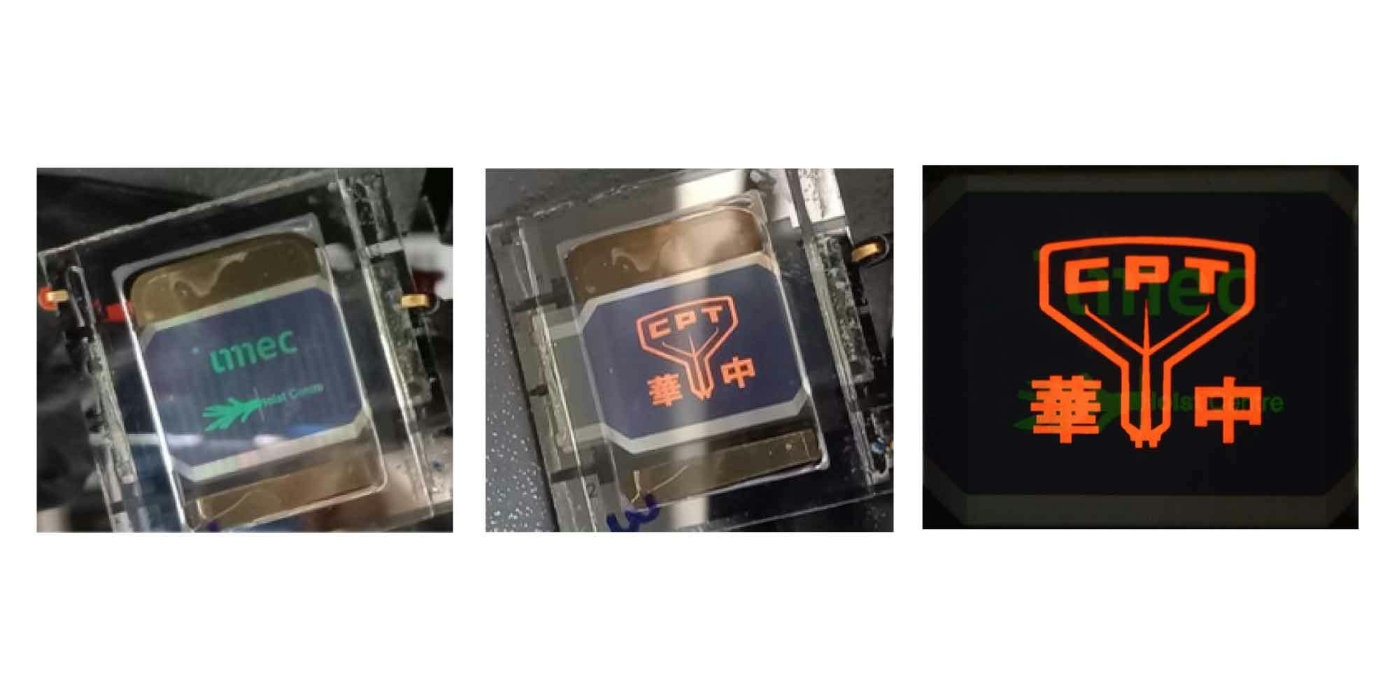 Met lithografie gecreëerde OLED-display met pixels in twee kleuren (links en midden is een kleur geactiveerd; rechts allebei). Imec maakte deze demo in 2017 en de foto’s zijn van 2021: een mooi bewijs van de levensduur van de technologie.
