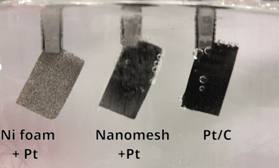 De gasbelletjes aan het nanomesh (in het midden) tonen een grotere en meer continue waterstofproductie in vergelijking met nikkelschuim (links) en in vergelijking met een koolstof-staafje met platinum (rechts). 